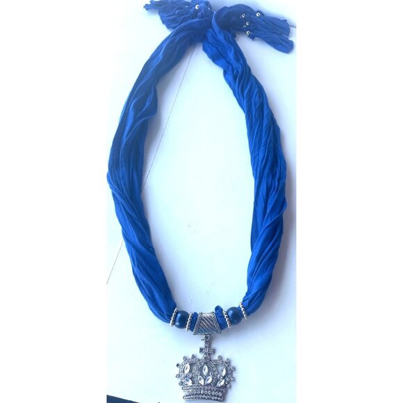 Blue Scarf w/Silver Chain Crown Gem Pendant (Brand Unknown-READ) - Picture 1 of 16
